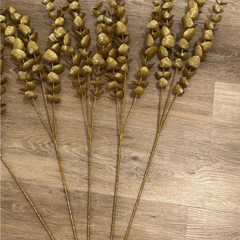 New Gold Metallic Faux Eucalyptus Christmas Floral Stems 26” - Set of 5